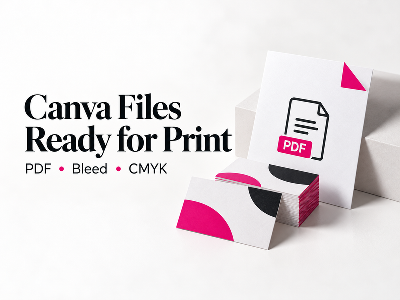 Canva Files Ready for Print poster showing PDF, bleed and CMYK with magenta printed cards
