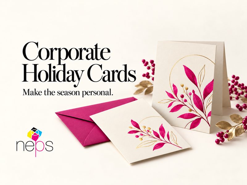 NEPS Corporate Holiday Cards poster with cream folded cards and magenta botanical artwork
