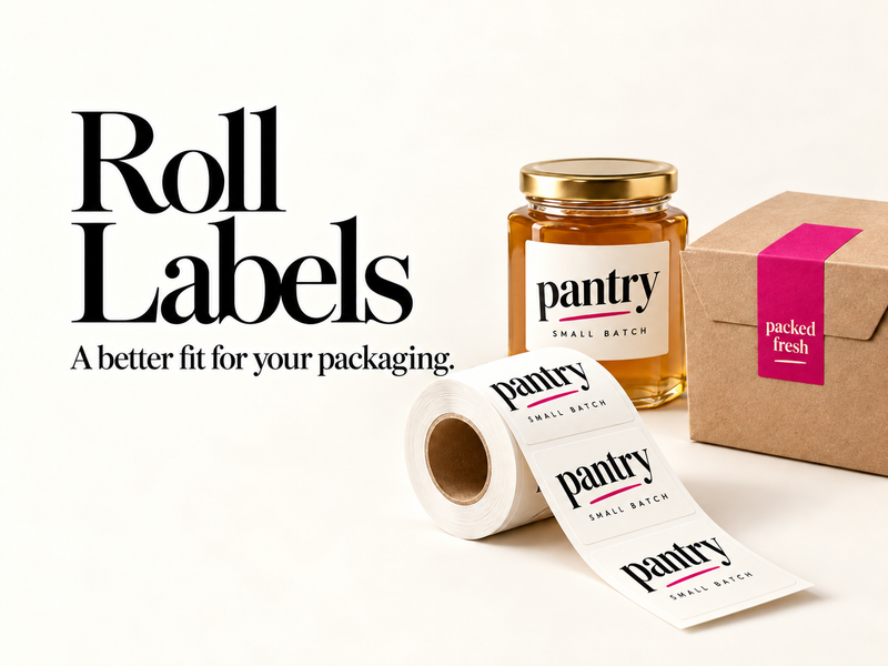 Roll Labels editorial cover with typographic pantry labels on a roll and honey jar, plus a magenta takeaway box seal; conceptual packaging mockup.