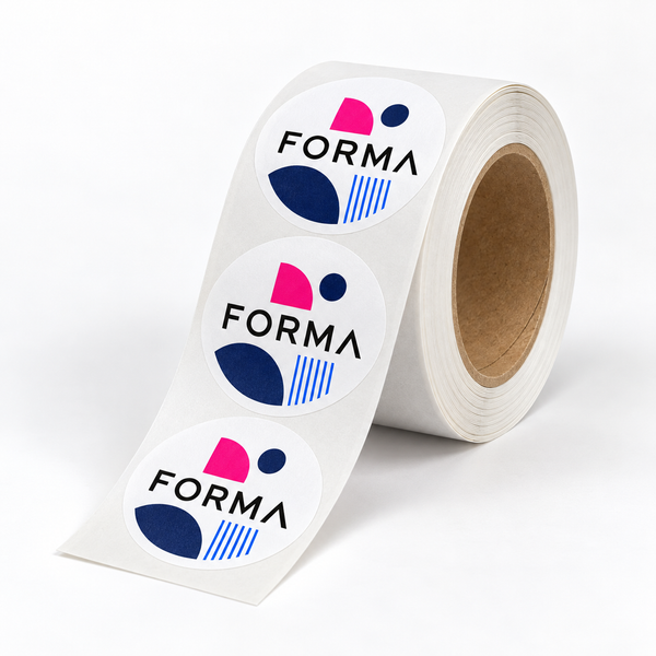 Roll of circular white labels with magenta, navy and cobalt FORMA branding and a short unrolled strip on a white background