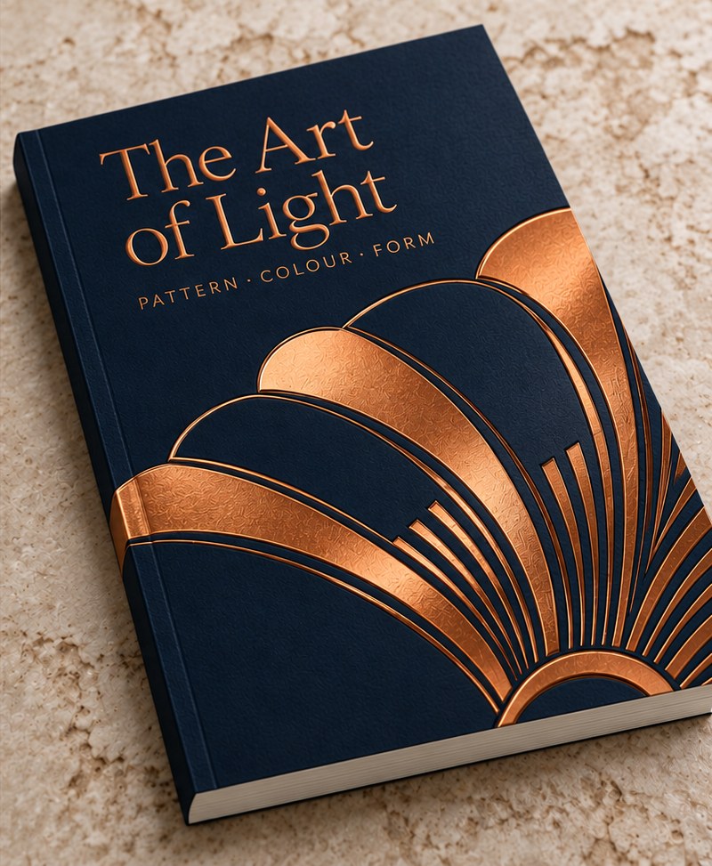 Illustrative The Art of Light perfect-bound book with a copper raised foil title and fan pattern on a matte midnight-blue cover.