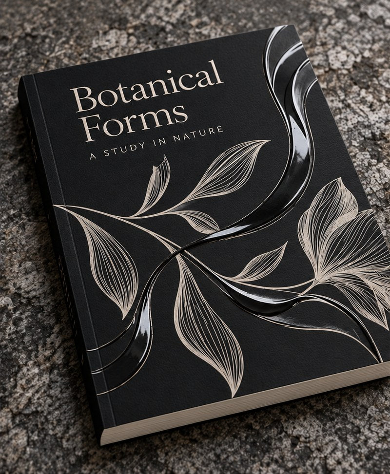 Illustrative Botanical Forms perfect-bound book with ivory botanical artwork and transparent raised gloss ribbons on a matte charcoal cover.