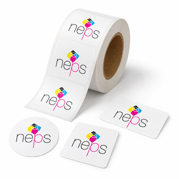 Custom printed roll labels and circle, square and rectangular stickers with NEPS branding.