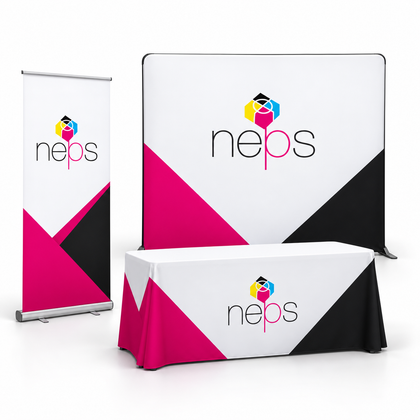 NEPS branded media wall, retractable banner stand and fitted table throw for trade shows.