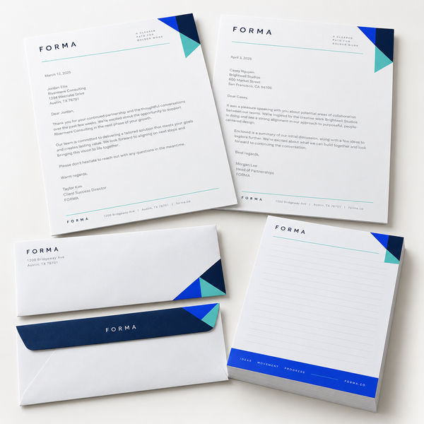 Coordinated navy, cobalt and teal letterheads, envelopes and notepad photographed on a white background