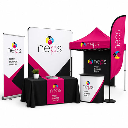 Trade show and event displays featuring custom media walls, retractable banner stands, table throws, event flags, promotional tents, and branded display solutions by NEPS.