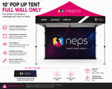 10' pop up tent full wall specifications including single and double sided printing, printed back wall panel, dimensions, shipping information, and event display features.