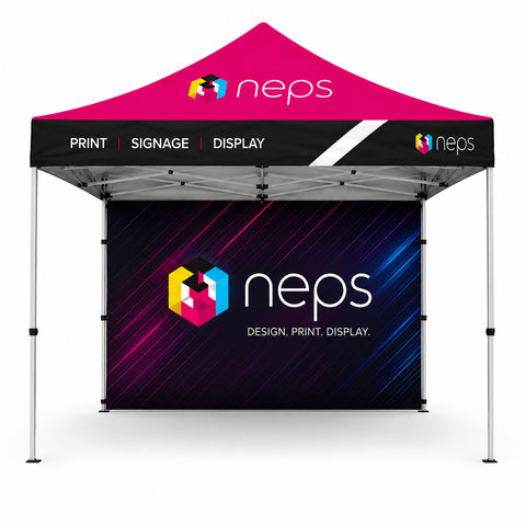 10' pop up tent with full colour printed back wall for trade shows, festivals, corporate events, outdoor promotions, and branded event displays.