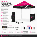 10' x 10' pop up tent half wall kit specifications including printed half wall panel, support pole, mounting brackets, dimensions, weights, and event display features.