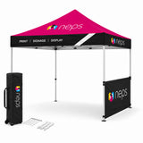 10' x 10' pop up tent half wall kit with full colour printed panel, support pole, and mounting brackets for trade shows, festivals, outdoor events, and promotional displays.