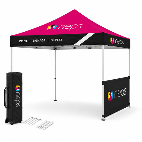 10' x 10' pop up tent half wall kit with full colour printed panel, support pole, and mounting brackets for trade shows, festivals, outdoor events, and promotional displays.