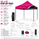 10' x 10' pop up tent specifications including steel frame, canopy options, assembled dimensions, carrying bag, stakes, guy ropes, and portable event display features.
