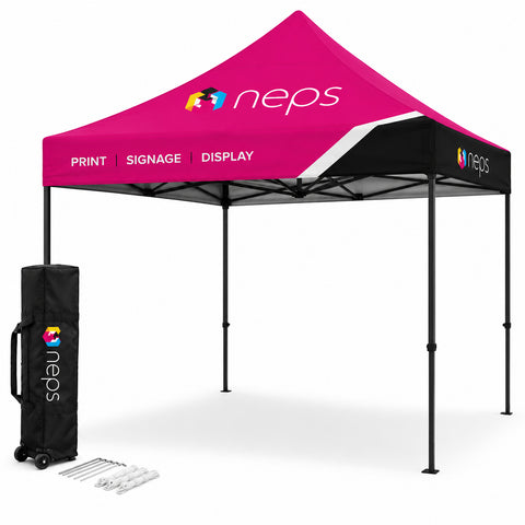 10' x 10' pop up tent with full colour printed canopy, steel frame, and portable design for trade shows, festivals, sporting events, outdoor promotions, and brand activations.