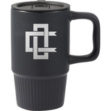 Camden 13 oz Ceramic Mug with Lid — Black (BK) — decorated front view — 29