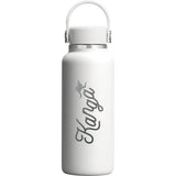 Hydro Flask® 13.5 oz Micro Hydro Mini Bottle with Removable FlexClip™ — White (WH) — decorated front view — 18
