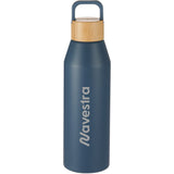 Aspen 24 oz Recycled Bottle w/ FSC® 100% Bamboo Lid — Nightfall Blue — decorated front view — 3