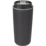 Cooper 16 oz Recycled Double Wall Plastic Tumbler with Hinging Flap Lid — Black (BK) — blank back view — 31