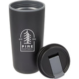 Cooper 16 oz Recycled Double Wall Plastic Tumbler with Hinging Flap Lid — Black (BK) — decorated detail view — 26