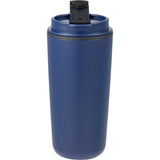 Cooper 16 oz Recycled Double Wall Plastic Tumbler with Hinging Flap Lid — Navy (NY) — blank front view — 19