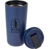 Cooper 16 oz Recycled Double Wall Plastic Tumbler with Hinging Flap Lid — Navy (NY) — decorated detail view — 18