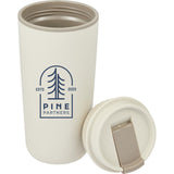 Cooper 16 oz Recycled Double Wall Plastic Tumbler with Hinging Flap Lid — Taupe (TP) — decorated detail view — 34