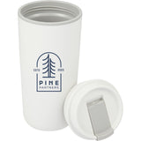 Cooper 16 oz Recycled Double Wall Plastic Tumbler with Hinging Flap Lid — White (WH) — decorated detail view — 2