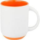 Isaac 14 oz Ceramic Mug with Rubber Bottom — White/Orange — blank front view