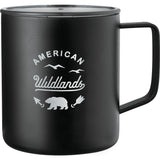 Rover Copper Vacuum Insulated Camp Mug 14oz — Black (BK) — decorated product view — 3