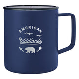 Rover Copper Vacuum Insulated Camp Mug 14oz — Navy (NY) — decorated front view — 11