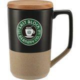 Tahoe Tea & Coffee Ceramic Mug with Wood Lid 16oz — Black (BK) — decorated front view — 2