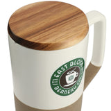 Tahoe Tea & Coffee Ceramic Mug with Wood Lid 16oz — White (WH) — decorated product view — 13