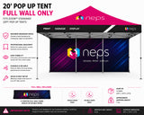 20' pop up tent full wall specifications including single and double sided printing, printed back wall panel, graphics weight, shipping information, and event display features.
