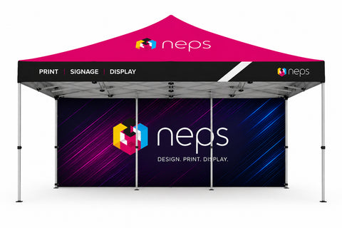20' pop up tent with full colour printed back wall for trade shows, festivals, corporate events, outdoor promotions, and branded event displays.
