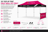 20' pop up tent half wall kit specifications including printed half wall panel, support pole, mounting brackets, dimensions, weights, and event display features.