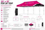20' x 10' pop up tent specifications including aluminum frame, canopy options, assembled dimensions, carrying bag, stakes, guy ropes, and portable event display features.