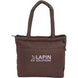 Puffer Recycled 15" Laptop Tote — Chocolate (CHOC) — decorated front view — 12