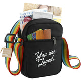 Rainbow RPET Crossbody Tote — Black (BK) — decorated right angle — 3
