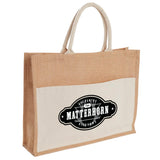 Jute Shopper Tote with Recycled Cotton Pocket — Natural (NT) — decorated product view — 2