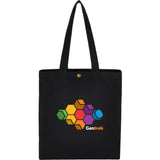 Repose 10oz Recycled Cotton Box Tote w/Snap — Black (BK) — decorated front view — 3