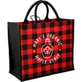 Buffalo Plaid Printed Jute Tote — Red (RD) — decorated right angle — 3