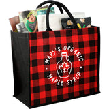 Buffalo Plaid Printed Jute Tote — Red (RD) — decorated product view — 4
