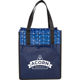 Big Grocery Laminated Non-Woven Tote — Navy (NY) — decorated front view — 2