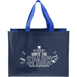 RPET Laminated Matte Shopper Tote — Navy — decorated front view — 8