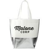 Large Laminated Metallic Bottom Tote — White — decorated front view — 2
