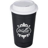 Traveler 16 oz Travel Cup with Sip-Through Lid — Black (BK) — decorated front view — 27