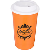 Traveler 16 oz Travel Cup with Sip-Through Lid — Orange (OR) — decorated front view — 17