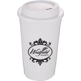 Traveler 16 oz Travel Cup with Sip-Through Lid — White (WH) — decorated front view — 2