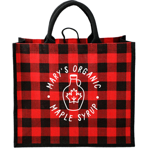 Buffalo Plaid Printed Jute Tote custom branded promotional totes