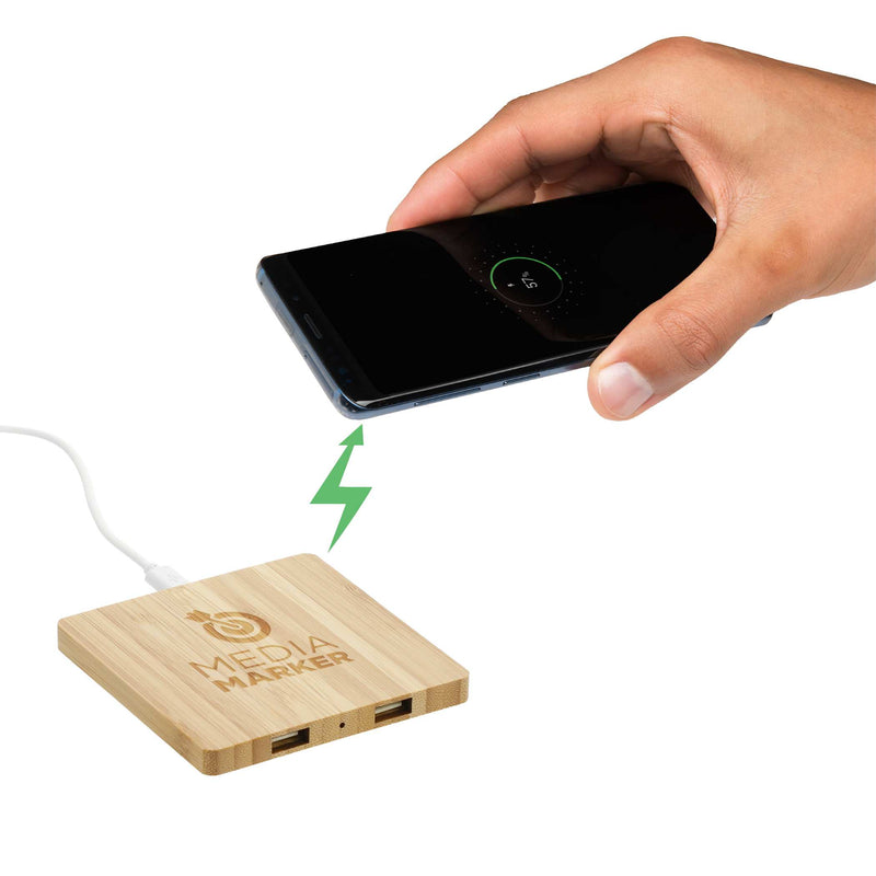 FSC® 100% Bamboo Wireless Charging Pad with Dual Outputs in Natural, supplier decorated angled view