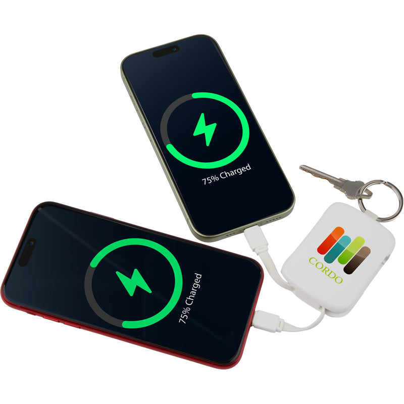 My Jolt 2,000 mAh Power Bank with Integrated Cables in White, supplier decorated product detail view